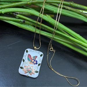 Vintage Butterfly & Flower Cloisonné Pendant Gold-tone Snake Chain 24” Necklace